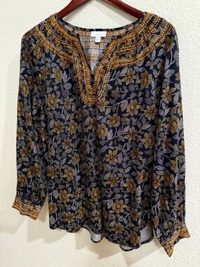 Pure Jill Navy Gold Floral Embroidered Blouse Medium